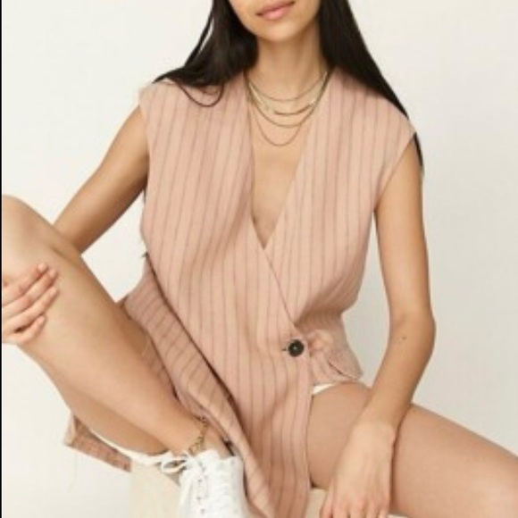 We The Free Jackets & Blazers - We The Free Pink Striped Oversized Boxy Single Button Linen Vest